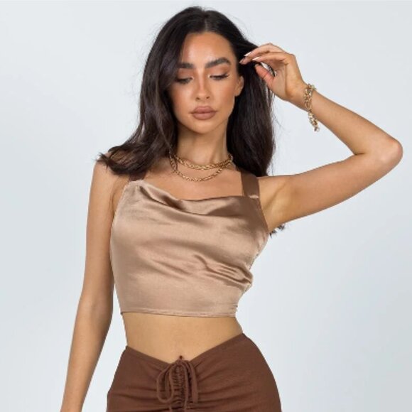 Princess Polly Raelynn Satin Brown Cowl Neck Cross Lace Up Back Halter Crop Top - Picture 6 of 6